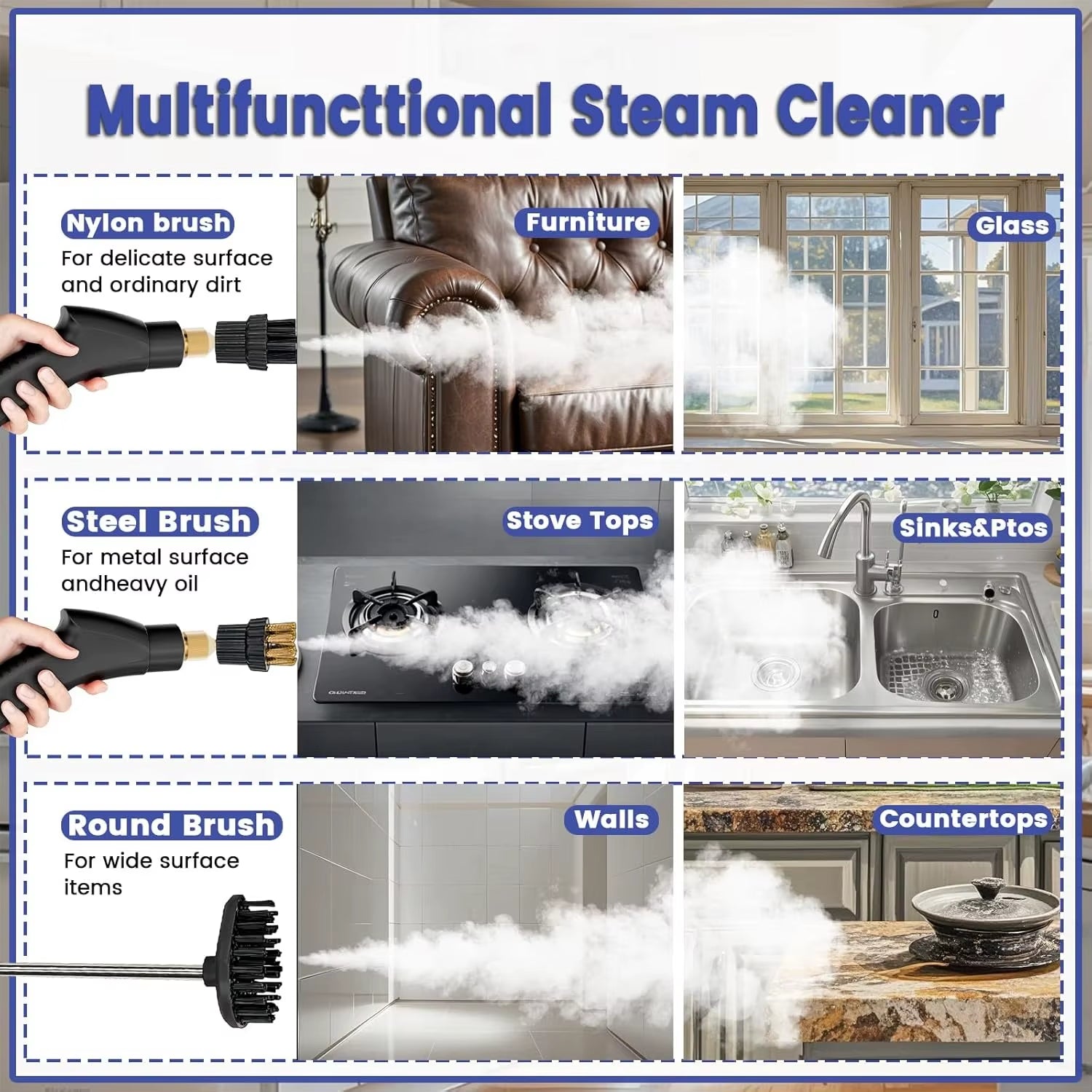 Household Car Cleaning Electric Steam Cleaner Professional 2500W Portable Handheld 1200Ml Tank 3 Bar Pressure Multi-Function
