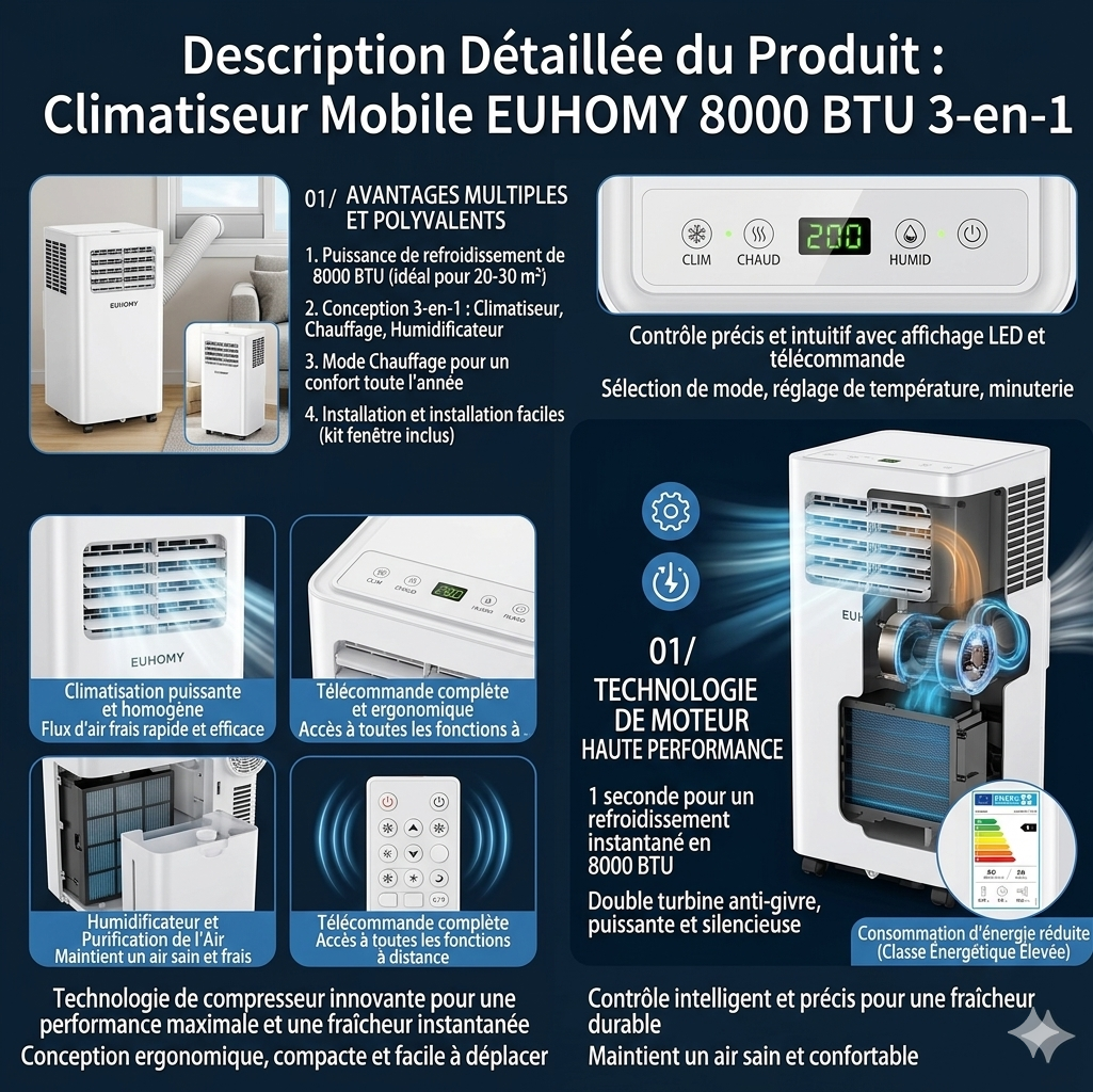Climatiseur Mobile EUHOMY 8000 BTU : Fraîcheur Instantanée et Confort 3-en-1