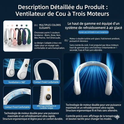 Ventilateur de Cou Portable Ultra-Silencieux avec Affichage LED – Fraîcheur Mains Libres à 360°
