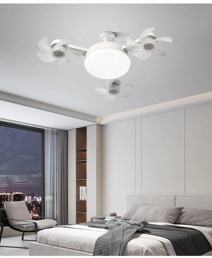 Modern Stylish E27 LED Chandelier Ceiling Fan Tri-Color Dimming 60W AC Motor Foldable Head 6-Speed Remote Control ABS Bathroom