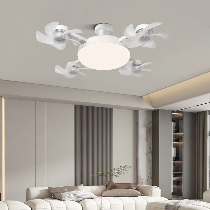 Modern Stylish E27 LED Chandelier Ceiling Fan Tri-Color Dimming 60W AC Motor Foldable Head 6-Speed Remote Control ABS Bathroom