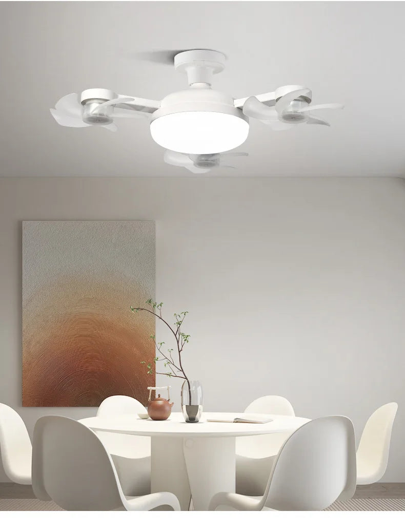 Modern Stylish E27 LED Chandelier Ceiling Fan Tri-Color Dimming 60W AC Motor Foldable Head 6-Speed Remote Control ABS Bathroom